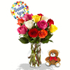 12 Mix Color Roses in a Vase with Balloon and Teddy Bear