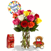 12 Mix Color Roses in a Vase with Balloon, Teddy Bear and Chocolate