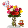 12 Mix Color Roses in a Vase with Balloon and Teddy Bear