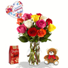 12 Mix Color Roses in a Vase with Balloon, Teddy Bear and Chocolate