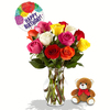 12 Mix Color Roses in a Vase with Balloon and Teddy Bear