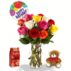 12 Mix Color Roses in a Vase with Balloon, Teddy Bear and Chocolate