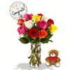 12 Mix Color Roses in a Vase with Balloon and Teddy Bear