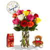 12 Mix Color Roses in a Vase with Balloon, Teddy Bear and Chocolate